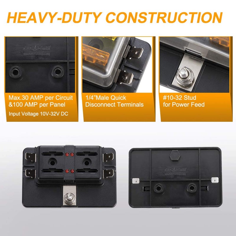 BUNKER INDUST 4-Way Blade Fuse Box with LED Indicator for Blown Fuse,Fuse Block Holder Box with Protection Cover for Car Boat Marine Automotive,Include 12Pcs Blade Fuses - Image 3